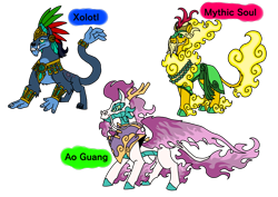 Size: 1414x1000 | Tagged: safe, artist:zetikoopa, derpibooru import, oc, oc only, oc:ao guang, oc:mythic soul, oc:xolotl, ahuizotl (species), dragon, hybrid, kirin, longma, antlers, beard, chest fluff, chestplate, chin fluff, cloven hooves, colored hooves, cuffs (clothes), cyan eyes, facial hair, fangs, fiery wings, green eyes, immortal, jewelry, kirin oc, leonine tail, male, necklace, pale belly, rulers of past, simple background, slit eyes, stallion, tail, tail hand, transparent background, trio, tusk, wings