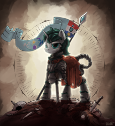 Size: 3654x4014 | Tagged: safe, artist:uteuk, derpibooru import, oc, oc only, oc:aquaria lance, pony, unicorn, armor, banner, cape, clothes, flag, horn, power armor, skull, solo, spear, sword, weapon
