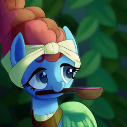 Size: 1200x1200 | Tagged: safe, artist:andromedasparkz, derpibooru import, meadowbrook, earth pony, pony, female, mare, meadowcute, mouth hold, solo, spoon