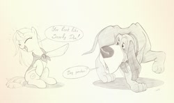 Size: 1740x1027 | Tagged: safe, artist:sherwoodwhisper, derpibooru import, oc, oc only, oc:eri, dog, pony, unicorn, cape, clothes, crossover, disney, emanata, eyes closed, female, filly, foal, lady and the tramp, laughing, male, monochrome, pointing, speech bubble, trusty