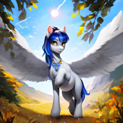 Size: 3072x3072 | Tagged: safe, ai content, derpibooru import, generator:purplesmart.ai, generator:stable diffusion, machine learning generated, oc, oc only, oc:sky slicer, pegasus, pony, autumn, blue mane, fancy, female, field, glowing, glowing eyes, golden eyes, hair up, jewelry, looking at you, mare, messy mane, mountain, mountain range, necklace, pegasus oc, pregnant, prompter:skyslicer, solo, spread wings, sun, white body, wings