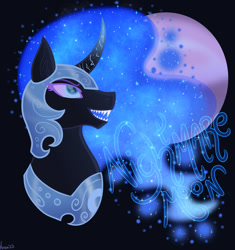 Size: 1280x1360 | Tagged: safe, artist:lavendernightfall, derpibooru import, nightmare moon, alicorn, pony, g4, antagonist, blue eyes, blue mane, colored pupils, curved horn, digital art, ear fluff, ears, ethereal mane, fangs, feather, female, flowing mane, helmet, horn, lidded eyes, long horn, looking at you, majestic, mare, moon, night, open mouth, open smile, peytral, signature, smiling, smiling at you, solo, sparkles, starry mane, teeth, villainess, watermark