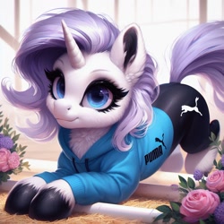 Size: 1024x1024 | Tagged: safe, ai content, machine learning generated, rarity, pony, unicorn, alternate hairstyle, bing, clothed ponies, clothes, female, flower, fluffy, hoodie, hoof polish, iwtcird, leggings, mare, product placement, puma (brand), solo, unshorn fetlocks