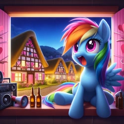 Size: 1024x1024 | Tagged: safe, ai content, machine learning generated, rainbow dash, pegasus, pony, alternate cutie mark, bing, boombox, bottle, cider, cider dash, drunk, drunker dash, female, let's wake up the neighbors, loud, mare, megaphone, night, one wing out, open mouth, ponyville, rainbow douche, singing, sitting, solo, window, windowsill