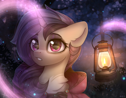 Size: 2000x1550 | Tagged: safe, artist:radioaxi, derpibooru import, oc, oc only, oc:topsy turvy, pony, unicorn, chest fluff, eyebrows, female, horn, lantern, levitation, looking at you, magic, mare, night, outdoors, solo, telekinesis, unicorn oc