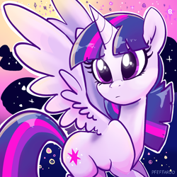 Size: 2048x2048 | Tagged: safe, artist:pfeffaroo, derpibooru import, twilight sparkle, twilight sparkle (alicorn), alicorn, pony, g4, abstract background, female, frown, high res, horn, mare, solo, sparkles, spread wings, wings