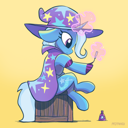 Size: 2048x2048 | Tagged: safe, artist:pfeffaroo, derpibooru import, trixie, pony, unicorn, g4, cape, clothes, crate, crossed legs, cute, ears, ears back, female, floppy ears, glowing, glowing horn, gradient background, hat, high res, hoof polish, horn, levitation, magic, magic aura, mare, signature, simple background, sitting, solo, telekinesis, trixie's cape, trixie's hat, wizard hat, yellow background