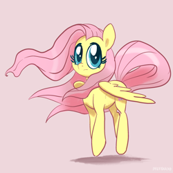 Size: 2048x2048 | Tagged: safe, artist:pfeffaroo, derpibooru import, fluttershy, pegasus, pony, g4, cute, female, high res, looking at you, mare, pink background, shadow, shyabetes, simple background, solo, windswept mane, wings