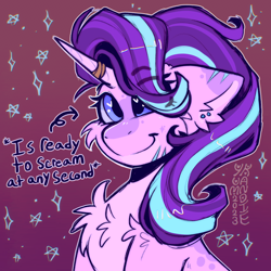 Size: 3500x3500 | Tagged: safe, artist:yumkandie, derpibooru import, starlight glimmer, pony, unicorn, g4, bandage, cheek fluff, chest fluff, closed mouth, colored eartips, ear fluff, ear piercing, ears, female, gradient background, heart, heart eyes, horn, horn ring, magenta background, mare, pale belly, piercing, purple background, ring, scar, shoulder fluff, simple background, smiling, solo, sparkles, stars, text, wingding eyes