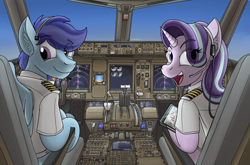 Size: 5406x3576 | Tagged: safe, artist:buckweiser, derpibooru import, starlight glimmer, oc, oc:sierra nightingale, pegasus, pony, unicorn, boeing 777, canon x oc, cockpit, female, looking at you, looking back, looking back at you, male, pilot