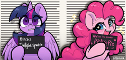 Size: 2156x1033 | Tagged: safe, artist:colorfulcolor233, derpibooru import, pinkie pie, twilight sparkle, twilight sparkle (alicorn), alicorn, earth pony, pony, g4, barbie, barbie (film), barbie mugshot meme, chest fluff, cute, diapinkes, duo, duo female, ear fluff, ears, eye clipping through hair, eyebrows, eyebrows visible through hair, female, frown, gritted teeth, hoof hold, looking at you, mare, meme, mugshot, open mouth, parody, shrunken pupils, smiling, sparkles, spread wings, starry eyes, teeth, text, wide eyes, wingding eyes, wings, worried