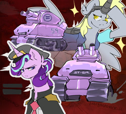 Size: 2000x1800 | Tagged: safe, artist:madiwann, derpibooru import, derpy hooves, starlight glimmer, g4, commander, determined, female, good vs evil, hat, mare, metal slug, raised hoof, raised leg, stalin glimmer, tank (vehicle), war