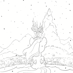 Size: 3000x3000 | Tagged: safe, artist:widelake, derpibooru import, twilight sparkle, twilight sparkle (alicorn), alicorn, pony, g4, canterlot, female, monochrome, mountain, ponyville, rear view, sitting, sketch, snow, snowfall, solo