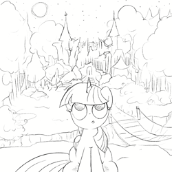 Size: 3000x3000 | Tagged: safe, artist:widelake, derpibooru import, twilight sparkle, twilight sparkle (alicorn), alicorn, g4, bridge, castle of the royal pony sisters, everfree forest, female, forest, looking up, moon, nature, night, sitting, sketch, solo, stars, tree