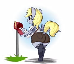 Size: 3737x3213 | Tagged: safe, artist:andelai, derpibooru import, derpy hooves, pegasus, semi-anthro, g4, arm hooves, bubble butt, butt, clothes, dock, female, high res, letter, love letter, mailbox, mailmare, mare, plot, poster, simple background, socks, solo, tail, thigh highs, white background