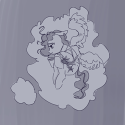 Size: 1000x1000 | Tagged: safe, artist:shouldbedrawing, derpibooru import, oc, oc only, pegasus, pony, ears, floppy ears, grayscale, lidded eyes, monochrome, overhead view, solo, spread wings, torn ear, wings