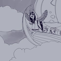 Size: 1000x1000 | Tagged: safe, artist:shouldbedrawing, derpibooru import, oc, oc only, pegasus, pony, boat, cloud, grayscale, monochrome, spread wings, wings