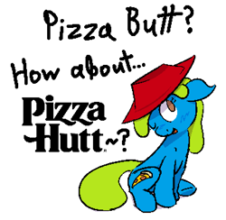 Size: 719x702 | Tagged: safe, artist:skookz, derpibooru import, oc, oc only, oc:pizza butt, earth pony, pony, blushing, female, hat, mare, one eye closed, pizza hut, simple background, sitting, solo, text, white background, wink