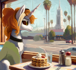 Size: 2000x1832 | Tagged: safe, artist:yidwags, derpibooru import, oc, oc:dyx, alicorn, pony, california, cigarette, diner, female, food, mare, older, older dyx, painterly, painting, palm tree, pancakes, sitting, solo, tree