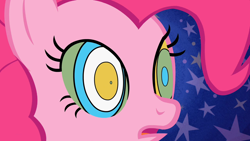 Size: 1280x720 | Tagged: safe, derpibooru import, screencap, pinkie pie, earth pony, pony, g4, the return of harmony, female, hypno eyes, hypno pie, hypnosis, hypnotized, mare, open mouth, solo, starry background