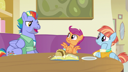 Size: 1280x720 | Tagged: safe, derpibooru import, screencap, bow hothoof, scootaloo, windy whistles, pegasus, pony, g4, parental glideance, female, filly, foal, freckles, hoof on cheek, male, mare, pasta and potato sandwich on sourdough, scrapbook, smiling, stallion, table, trio