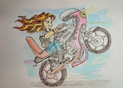 Size: 2048x1463 | Tagged: safe, artist:daisymane, derpibooru import, sunset shimmer, human, equestria girls, g4, female, grin, motorcycle, smiling, solo, traditional art, wheelie, windswept hair
