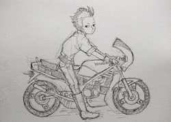 Size: 2048x1463 | Tagged: safe, artist:daisymane, derpibooru import, spitfire, human, equestria girls, female, grayscale, lidded eyes, looking at you, monochrome, motorcycle, pencil drawing, solo, traditional art