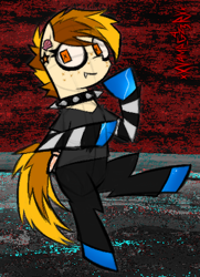 Size: 351x486 | Tagged: safe, artist:xxv4mp_g4z3rxx, derpibooru import, oc, oc:sand dollar, earth pony, pony, clothes, collar, ear piercing, eyeliner, fangs, long sleeved shirt, long sleeves, makeup, orange eyes, pants, piercing, shirt, signature, sitting, solo, spiked collar