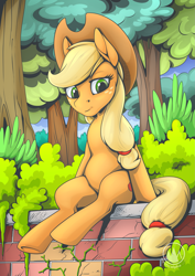 Size: 2171x3070 | Tagged: safe, artist:mysticalpha, derpibooru import, applejack, earth pony, pony, g4, female, fence, forest, high res, lidded eyes, mare, nature, signature, sitting, solo, tree