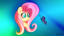 Size: 3840x2160 | Tagged: safe, artist:hyper dash, derpibooru import, fluttershy, butterfly, pony, g4, bust, female, gradient background, high res, looking at something, mare, portrait, smiling, solo