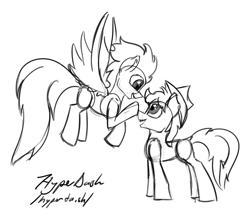 Size: 4000x3530 | Tagged: safe, artist:hyper dash, derpibooru import, braeburn, soarin', earth pony, pegasus, pony, g4, boop, commission, flying, gay, high res, male, open mouth, ship:soarburn, shipping, sketch, smiling, stallion