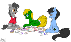 Size: 4776x2791 | Tagged: safe, artist:hyper dash, derpibooru import, rainbow dash, rarity, twilight sparkle, oc, oc:fault breccia, oc:tinker doo, oc:vectored thrust, earth pony, pony, angry, clothes, figurine, high res, lying down, male, monopoly, open mouth, prone, shirt, simple background, sitting, smiling, stallion, talking, trio, white background