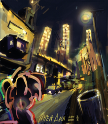 Size: 4500x5130 | Tagged: safe, artist:hyper dash, derpibooru import, oc, oc only, oc:hyper dash, pegasus, pony, 7-eleven, absurd file size, absurd resolution, city, cityscape, night, scenery, solo, street, streetlight, taxi, trash can