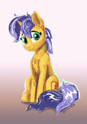 Size: 3000x4259 | Tagged: safe, artist:hyper dash, derpibooru import, oc, oc only, pony, unicorn, chest fluff, cute, gradient background, green eyes, high res, navy hair, navy mane, navy tail, ocbetes, sitting, solo, three quarter view, yellow coat, yellow fur