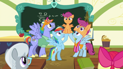 Size: 1280x720 | Tagged: safe, derpibooru import, screencap, apple bloom, bow hothoof, rainbow dash, scootaloo, silver spoon, windy whistles, earth pony, pegasus, pony, g4, parental glideance, apple, big smile, chalkboard, cheering, classroom, cute, cutealoo, daaaaaaaaaaaw, family, female, food, lifting, pasta and potato sandwich on sourdough, ponyville schoolhouse, scootalove, siblings, sisters, smiling