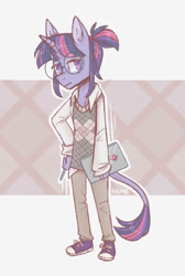 Size: 992x1478 | Tagged: safe, artist:kazunekomori, derpibooru import, twilight sparkle, anthro, unicorn, g4, abstract background, alternate design, clothes, glasses, leonine tail, looking at you, notebook, round glasses, signature, solo, tail