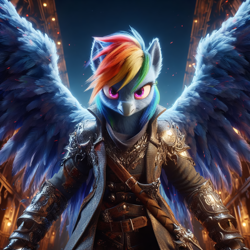 Size: 4096x4096 | Tagged: safe, ai content, derpibooru import, generator:dall-e 3, machine learning generated, rainbow dash, anthro, g4, assassin, assassin's creed, clothes, looking at you, multicolored hair, pink eyes, prompter needed, rainbow hair, spread wings, suit, weapon, wings