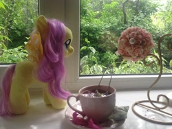 Size: 3264x2448 | Tagged: safe, artist:hysteriana, derpibooru import, fluttershy, pegasus, pony, aesthetics, blank flank, cup, flower, irl, looking at something, nature, petals, photo, plushie, summer, tea, teacup, toy, window