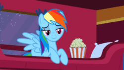 Size: 498x280 | Tagged: safe, derpibooru import, screencap, rainbow dash, pegasus, pony, g4, over a barrel, season 1, animated, blinking, burn, burning, female, fire, food, frown, gif, implied spike, mare, night, popcorn, smiling, solo, spread wings, stars, teeth, train, wings
