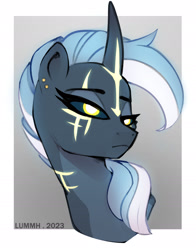 Size: 1520x1943 | Tagged: safe, artist:lummh, derpibooru import, oc, oc only, oc:appolonia, pony, unicorn, bust, closed mouth, dark sclera, ear piercing, earring, facial markings, female, frown, glowing, glowing eyes, golden eyes, gradient background, gradient horn, gray background, horn, jewelry, lidded eyes, mare, pale belly, passepartout, piercing, simple background, solo, unicorn oc