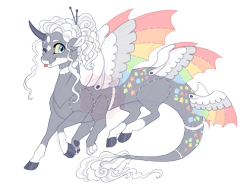 Size: 3600x2700 | Tagged: safe, artist:gigason, derpibooru import, oc, oc:stitcheroo, draconequus, ;p, blue eyes, chopsticks in hair, cloven hooves, coat markings, colored hooves, colored sclera, colored wings, draconequus oc, facial markings, female, hair bun, hybrid wings, interspecies offspring, magical threesome spawn, mealy mouth (coat marking), multicolored wings, multiple limbs, multiple wings, obtrusive watermark, offspring, one eye closed, parent:discord, parent:oc:blanket stitch, parent:oc:misumena, paws, rainbow wings, simple background, six legs, socks (coat marking), solo, star (coat marking), stitched body, stitches, tongue, tongue out, transparent background, watermark, wings, wink, yellow sclera