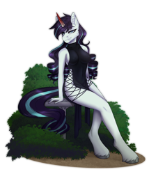 Size: 2400x2800 | Tagged: safe, artist:enderbee, derpibooru import, oc, anthro, unguligrade anthro, unicorn, anthro oc, black dress, breasts, bush, clothes, colored horn, curly hair, curved horn, dress, female, full body, hand, hooves, horn, looking at you, not coloratura, simple background, sitting, smiling, smiling at you, solo, sombra horn, transparent background