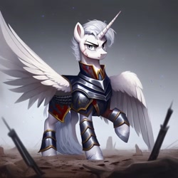 Size: 768x768 | Tagged: safe, ai content, derpibooru import, oc, oc:hestia agamemnon, alicorn, alicorn oc, armor, eye scar, facial scar, horn, messy mane, scar, wings