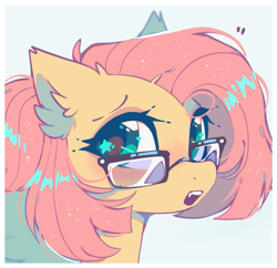 Size: 697x675 | Tagged: safe, artist:mirtash, derpibooru import, fluttershy, pegasus, pony, g4, alternate hairstyle, cute, ear fluff, ears, eyeshadow, female, glasses, makeup, mare, open mouth, shyabetes, solo, starry eyes, wingding eyes