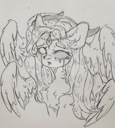 Size: 1152x1280 | Tagged: safe, artist:starkey, derpibooru import, oc, oc only, pegasus, pony, chest fluff, crying, dark eyes, ear fluff, ears, female, long mane, mare, multiple wings, nimbus, open mouth, pegasus oc, sadness, slit eyes, solo, spread wings, traditional art, unnamed oc, wings