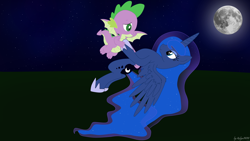 Size: 3840x2160 | Tagged: safe, artist:kolya9898, derpibooru import, princess luna, spike, alicorn, dragon, pony, g4, female, full moon, male, moon, ship:spiluna, shipping, straight, wings