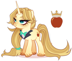 Size: 2322x1949 | Tagged: safe, artist:gihhbloonde, derpibooru import, oc, oc only, pony, unicorn, adoptable, bowtie, closed mouth, collar, colored hooves, female, freckles, horn, lidded eyes, lightly watermarked, long mane, long tail, mare, offspring, parent:applejack, parent:prince blueblood, parents:bluejack, ponytail, simple background, smiling, solo, standing, tail, teal eyes, transparent background, unicorn oc, unnamed oc, unshorn fetlocks, watermark