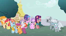 Size: 1597x886 | Tagged: artist needed, safe, derpibooru import, apple bloom, cookie crumbles, diamond tiara, pear butter, scootaloo, silver spoon, silverspeed, spoiled rich, sweetie belle, windy whistles, earth pony, pegasus, pony, unicorn, g4, adopted, adopted offspring, cute, cutealoo, cutie mark crusaders, female, filly, foal, glasses, grin, headcanon, headcanon in the description, jewelry, mare, mother and child, mother and daughter, necklace, one eye closed, open mouth, open smile, parent and child, pearl necklace, ponyville, scootadoption, scootalove, silverbetes, smiling, spread wings, tiara, windybetes, wings, wink