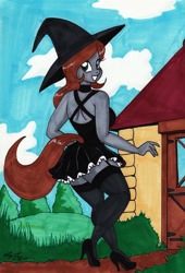 Size: 1280x1881 | Tagged: safe, artist:newyorkx3, derpibooru import, oc, oc only, oc:casey, anthro, earth pony, clothes, cottage, dress, female, garters, grin, halloween, hat, high heels, holiday, looking at you, looking back, looking back at you, looking over shoulder, miniskirt, shoes, skirt, smiling, smiling at you, socks, solo, thigh highs, traditional art, witch, witch hat, zettai ryouiki