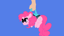 Size: 3840x2160 | Tagged: safe, artist:duran301, derpibooru import, pinkie pie, earth pony, series:pack a pony, g4, blue background, carrying, hand, simple background, solo